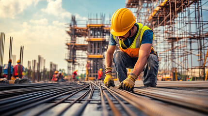 A construction worker wearing a yellow hard hat and safety vest is working on a building site, handling steel rebar. The background shows scaffolding and other construction activities