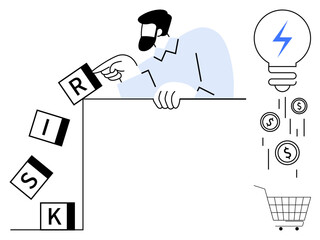 Man rearranging risk blocks, illustrating concept of managing financial investments. Lightbulb and coins falling into a shopping cart indicate innovative financial ideas and economic growth. Ideal