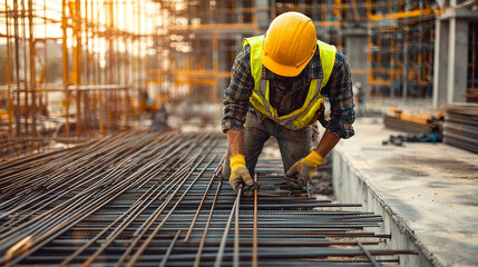 A construction worker wearing a yellow hard hat and safety vest is working on a building site, handling steel rebar. The background shows scaffolding and other construction activities