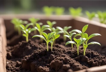 Green seedlings growing , with soil and a blurred background