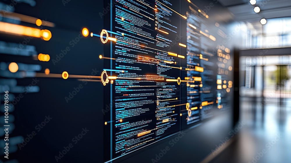 Fototapete The digital backdrop showcases a high-tech environment with blue light effects and data elements, providing a modern platform ideal for software design concepts