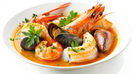 A warm and inviting shot of bouillabaisse, featuring an array of fish and shellfish in a spicy broth, elegantly garnished and set against a white background,