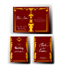 red background wedding invitation with abstract or batik border with gold color