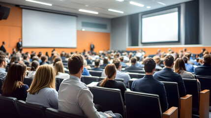 Fototapeta premium Business people or students are watching a presentation or attend a training or seminar in a lecture hall or auditorium. Conference hall full of people participating in the business training