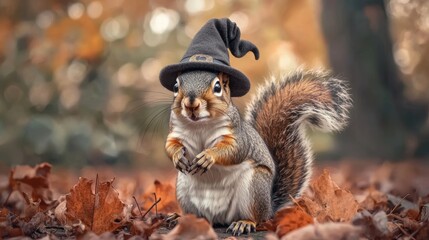 Fototapeta premium A whimsical squirrel wearing a witch hat amidst autumn leaves, showcasing the spirit of Halloween in a delightful woodland setting.