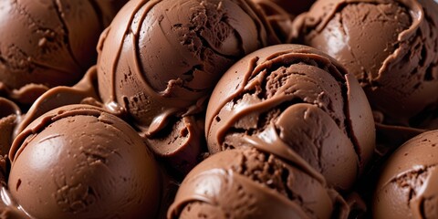 Close-up of chocolate ice cream with a swirled texture and rich, dark color