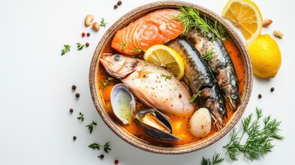 An artistic presentation of bouillabaisse on a white background, showcasing fresh fish and shellfish simmered in a spicy broth