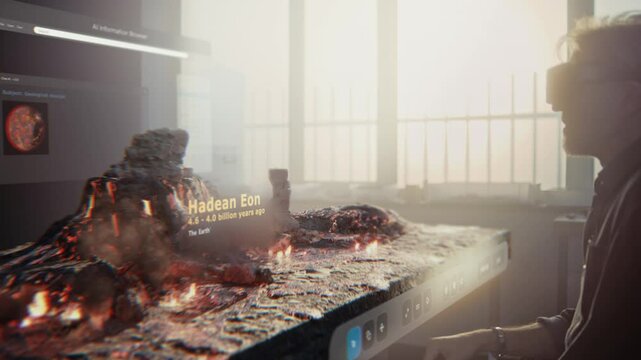 Advanced archaeological lab: 3D graphics simulation of the Earth's evolution process with volcanoes, dinosaurs and Ice Age. Scientist in VR headset conducts historical research using augmented reality