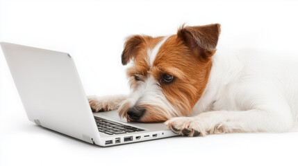 dog working on laptop with confused expression, showcasing curiosity and focus