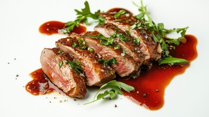 An artistic presentation of roasted duck breast with sauce and fresh herbs, captured against a white background, highlighting the dish's exquisite colors and textures.