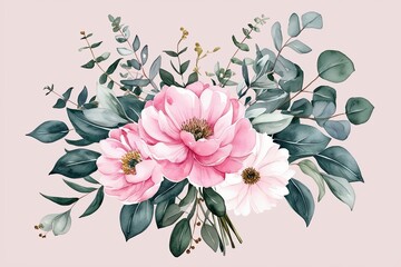 Watercolor Floral Illustration: Pink Flower and Eucalyptus Bouquet for Elegant Wedding Stationery and Decorations