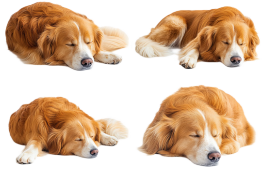 Adorable sleeping golden retriever puppies, fluffy fur, peaceful expressions, white background, multiple poses, photorealistic, high detail, soft lighting, studio photography, cute animals, PNG