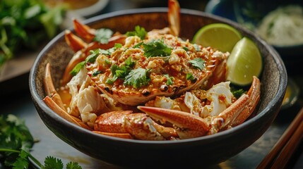 An artistic shot of a bowl of steamed egg crab with fresh milk, topped with a fiery seafood sauce, garnished with cilantro and lime wedges for a fresh and inviting presentation.