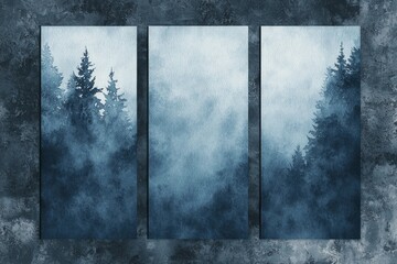 3 simple, minimalistic blue watercolor paintings depicting fog on a textured background. The artwork consists of three vertical canvases with empty space between each one.