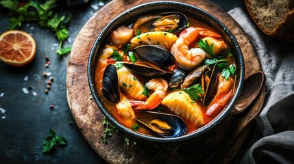 An artistic shot of bouillabaisse, featuring a vibrant mix of fish, mussels, and shrimp in a savory broth, served in a stylish bowl with a rustic backdrop,
