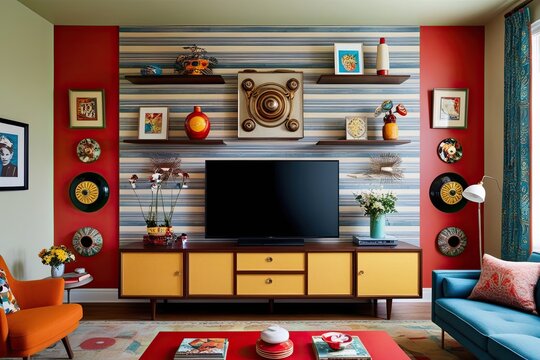 Vintage-Style TV Wall with Artful Pieces in a Retro Living Room Design