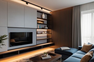 Cozy TV Nook with Integrated Shelving Against a Textured Wall in a Modern Living Room Design