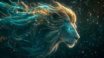 A lion's head with a long, flowing mane of glowing gold and teal, set against the backdrop of stars in space