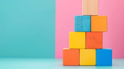 Toy wooden blocks stack tower of blank multicolor box cubes isolated on colorful background