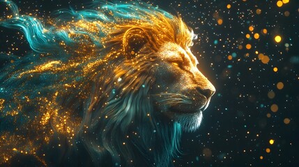 Naklejka premium A lion's head with a long, flowing mane of glowing gold and teal, set against the backdrop of stars in space