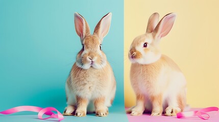 Fototapeta premium Two Easter bunnies with ribbons isolated on colorful background