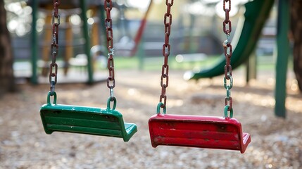 Two empty children swings on playground green and red plastic children swings