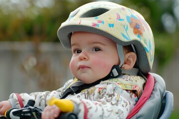 Baby girl wearing helmet sitting in bicycle seat looking away