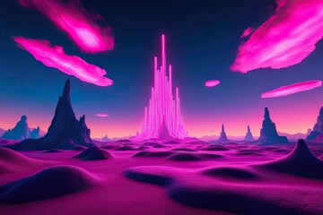 Vibrant 3D Neon Celestial Landscape with Glowing Formations and Radiant Skies