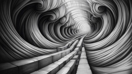 A black and white drawing of a tunnel with waves, AI