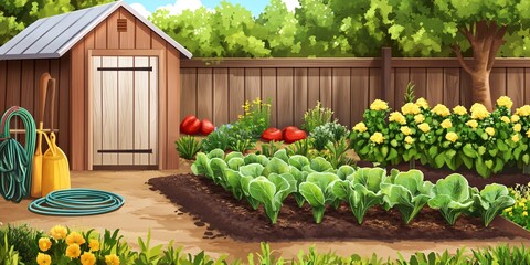 A wooden shed with a green hose and yellow shovels sits next to a garden with a wooden fence, green plants, and yellow flowers.
