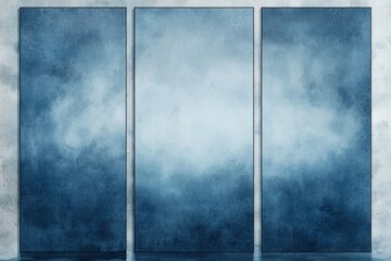 Fototapeta premium 3 simple, minimalistic blue watercolor paintings depicting fog on a textured background. The artwork consists of three vertical canvases with empty space between each one.
