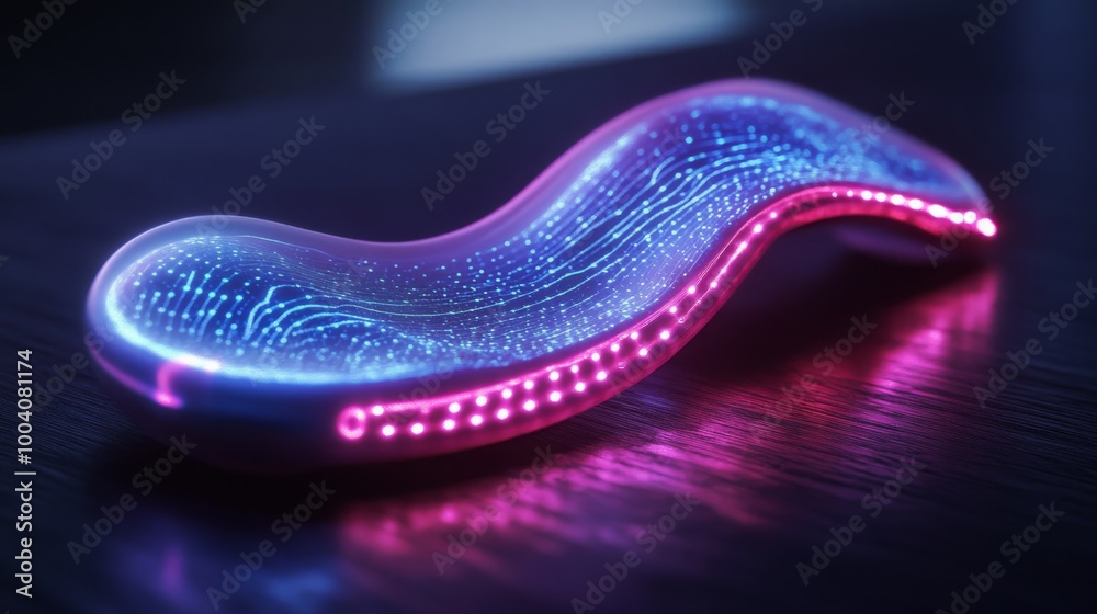Aufkleber a sleek, curvy device emits vibrant blue and purple lights, casting an ethereal glow on a dark surfa