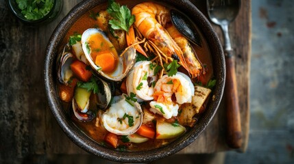 An inviting bowl of bouillabaisse viewed from above, featuring a variety of seafood and vegetables swimming in a fragrant broth, perfect for a cozy seaside dinner.