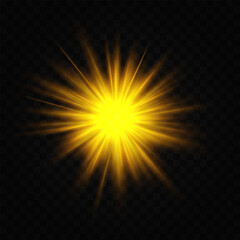 Bright glowing yellow starburst isolated on transparent background. Radiant energy burst with sharp rays extending outward. Abstract light effect, perfect for festive or explosive graphics.