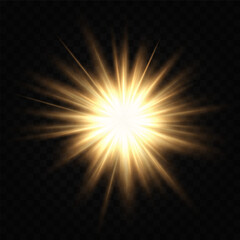 Obraz premium Bright glowing yellow starburst isolated on transparent background. Radiant energy burst with sharp rays extending outward. Abstract light effect, perfect for festive or explosive graphics.