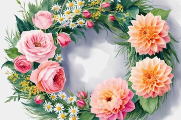 Romantic Floral Watercolor Art with Garden Roses Chamomile and Peach Dahlias in Decorative Wreath