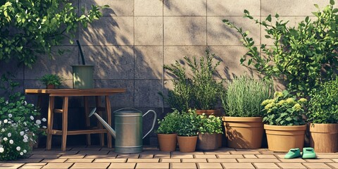 Naklejka premium A wooden table with a watering can sits against a brick wall, surrounded by potted plants.