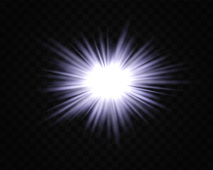 Abstract green star explosion. Glowing starburst effect isolated on dark background. Radiant beams with bright glowing center. Graphical patch of reflected light. Lens flare. Vector illustration.