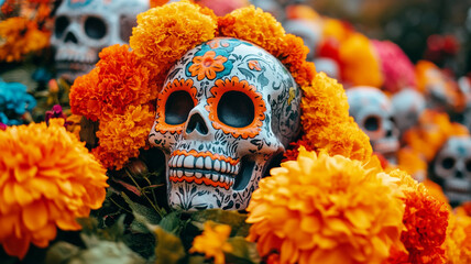 Colorful Day of the Dead sugar skulls surrounded by marigold flowers in a vibrant setting