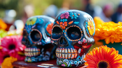 Fototapeta premium Colorful sugar skulls decorated with flowers for Day of the Dead celebration in a vibrant setting