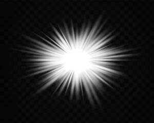 Abstract white star explosion. Glowing starburst effect isolated on dark background. Radiant beams with bright glowing center. Graphical patch of reflected light. Lens flare. Vector illustration.