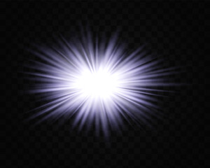 Abstract green star explosion. Glowing starburst effect isolated on dark background. Radiant beams with bright glowing center. Graphical patch of reflected light. Lens flare. Vector illustration.