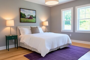 Comfortable bedroom with soft lighting and modern furnishings, creating a cozy and inviting atmosphere.