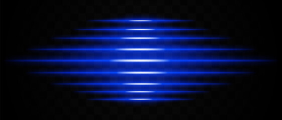Horizontal blue light effect isolated on transparent background. Radiant light stripes creating a glowing, layered effect. Ideal for design, abstract backgrounds, and digital graphics.