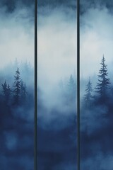 3 simple, minimalistic blue watercolor paintings depicting fog on a textured background. The artwork consists of three vertical canvases with empty space between each one.
