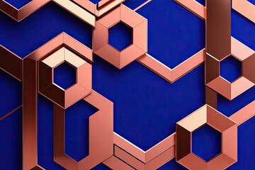 Obraz premium Elegant Geometric Background in Royal Blue and Copper Featuring Layered Hexagons for Stylish Design