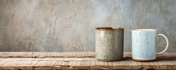 Naklejka premium Rustic Ceramic Mugs on a Wooden Table