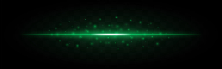 Horizontal green laser beam with scattered glowing particles isolated on a transparent background. Bright energy effect, ideal for sci-fi, futuristic themes, or digital graphic design.
