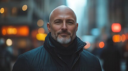 bald man in a sleek black jacket exuding a confident smile against a modern urban backdrop embodying a sense of style and approachability in a bustling environment