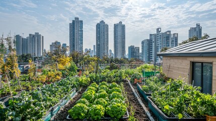 Fototapeta premium Urban rooftop garden featuring rows of fresh produce and greenery, with towering skyscrapers in the background